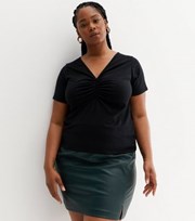 New Look Curves Black Ribbed Ruched V Neck T-Shirt